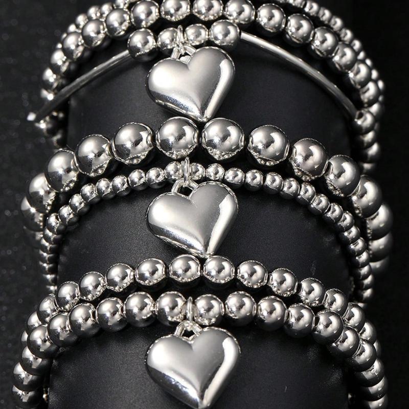 7Pcs Stacked French Beaded Love Pendant Bracelet Women's Simple Imitation Pearl Elastic Jewelry
