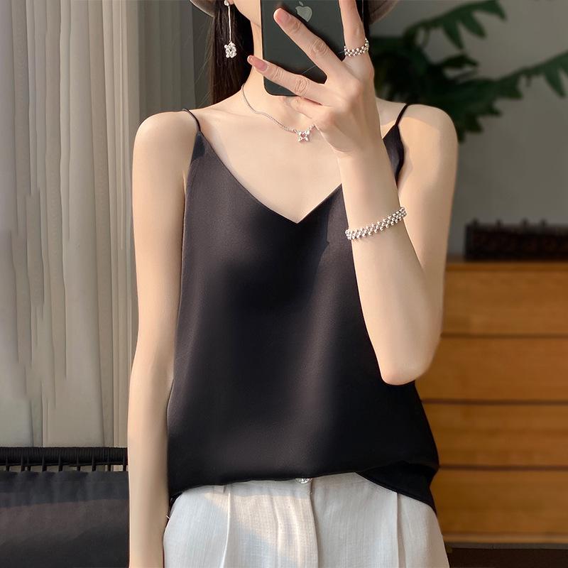Women's Satin V-Neck Strappy Summer Camisole - Versatile & Stylish Sleeveless Top