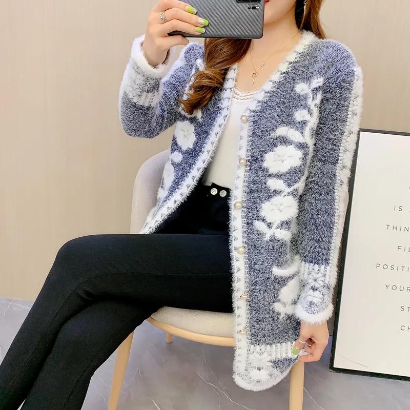 Women's Winter Mid-length Buttons Sexy Slim Imitation Mink Cardigan Sweater Female Knitted Sweater Tops
