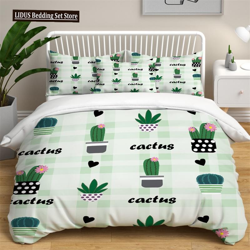 Green Cactus Potted Duvet Cover Set King Size Polyester Comforter Cover Cartoon Green Plant Cute Kawaii For Kid Boy Bedding Set