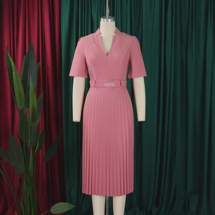Women Summer Pleated High Waist V Neck Dress
