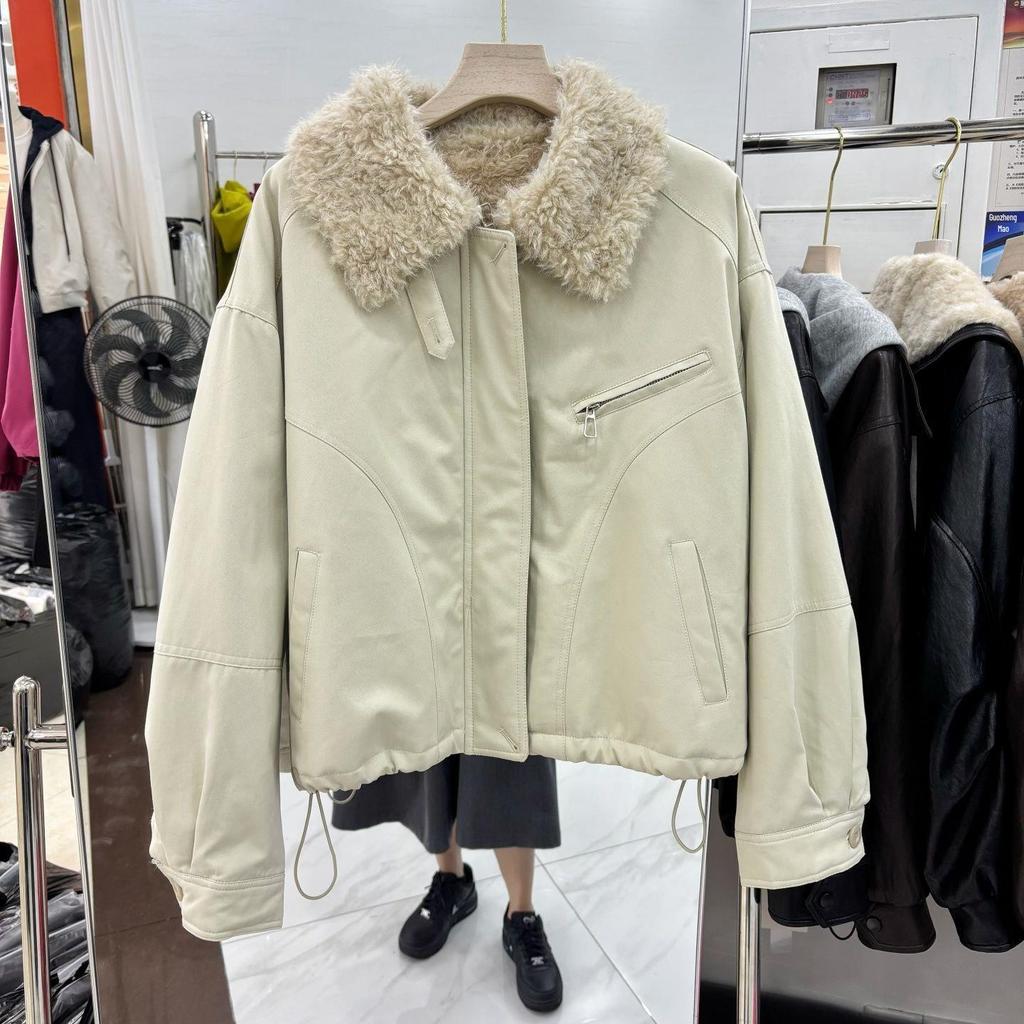 Women's Retro Lambswool Patchwork Lapel Jacket - 2025 Autumn/Winter Slimming Cotton Coat