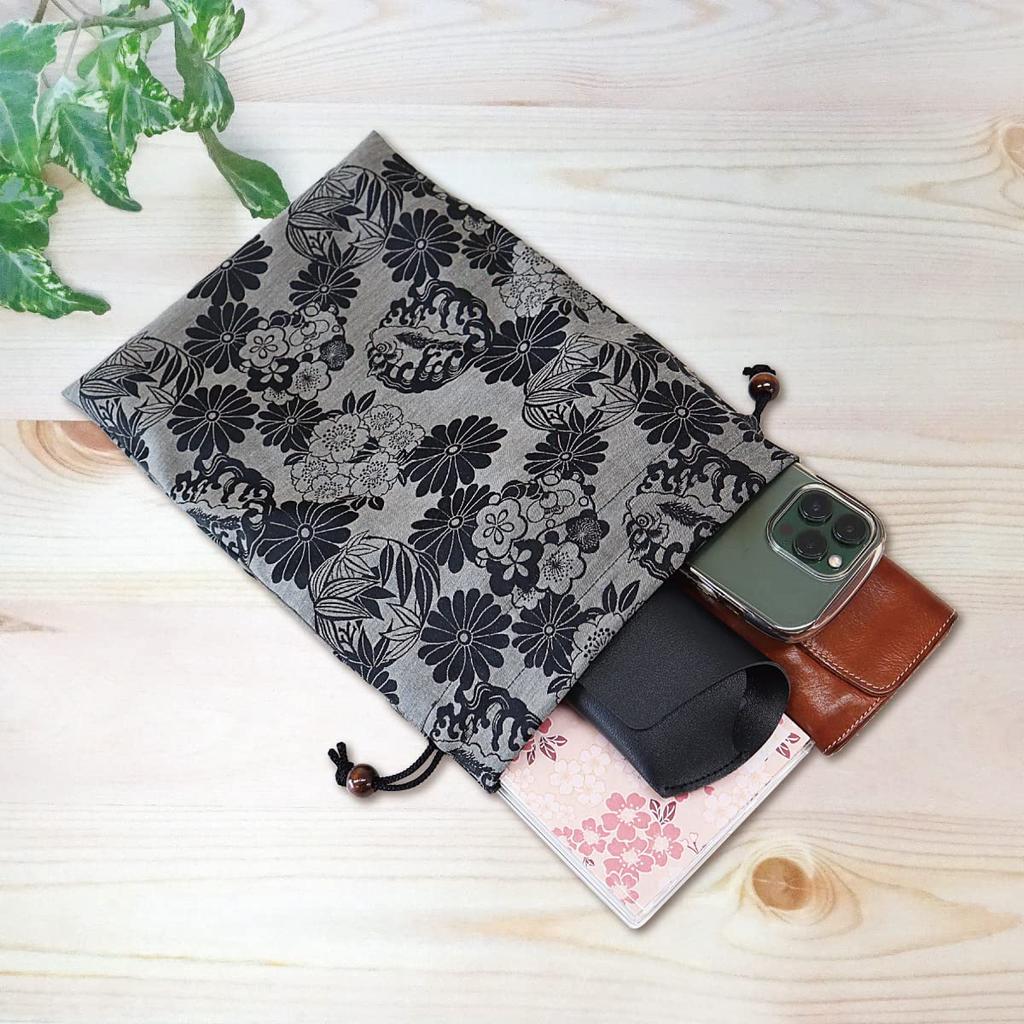 COCOLUCK Japanese Pattern Drawstring Small Item Made In for Goshuin Books Bag, Large, Organizer, Japan, (Black)