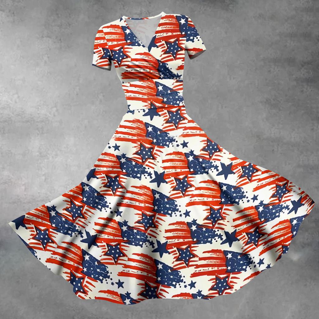Women's Fashion Casual Independence Day Printed Short Sleeve Dress Elegant Maxi Dress