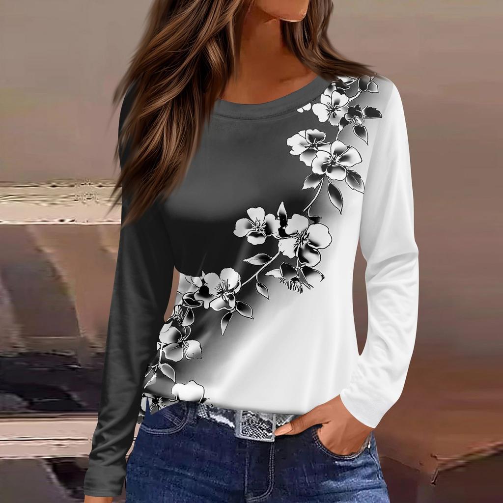 Dames casual T-shirt met split aan de zoom, ronde hals, lange mouwen en losse print.