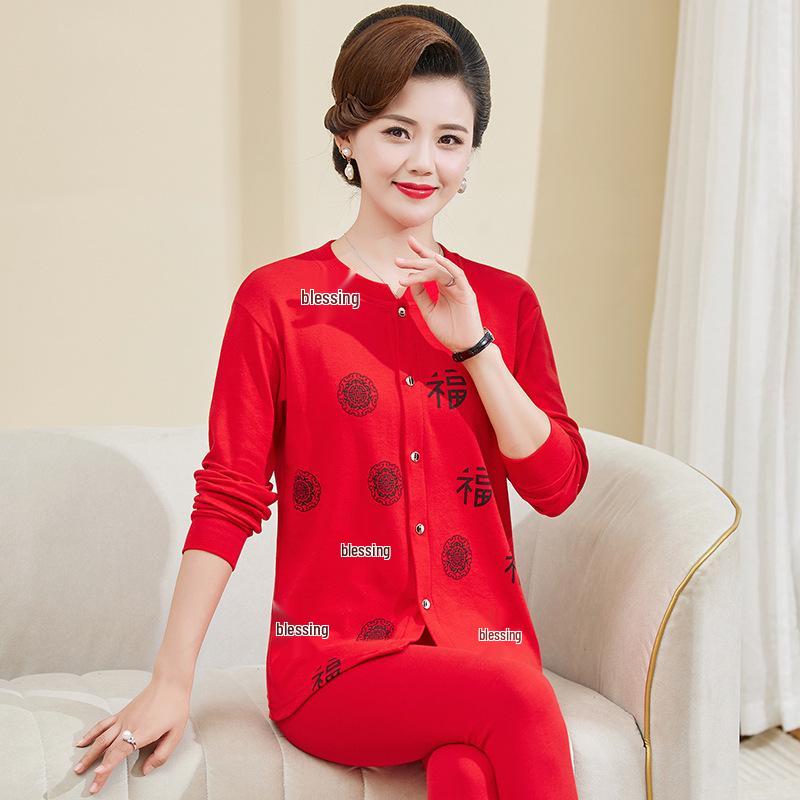 Plus Size Pure Cotton Thermal Underwear Set for Mature Women - Autumn Top & Trousers with Cotton Wool Sweater