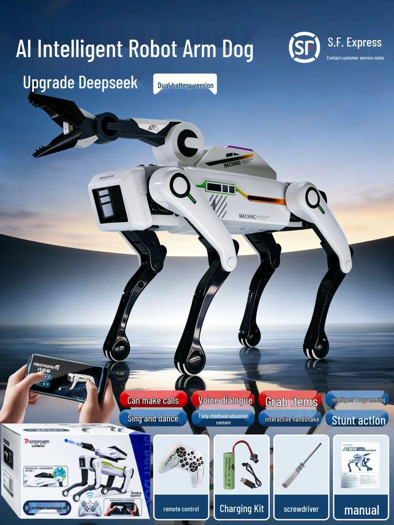 Smart AI Robot Dog with Voice Dialogue, Remote Control, Call Function, Item Pickup & Cannonball Shooter