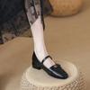 Inner height increase thick heel spring new camellia one-word buckle Mary Jane shoes women's retro black single shoes