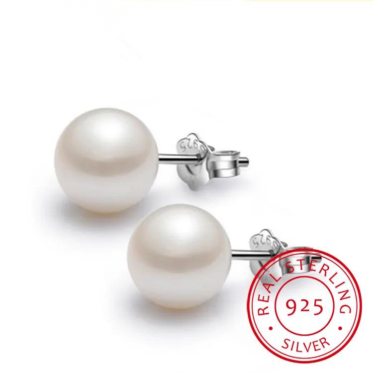 925 Sterling Silver Jewelry Natural Round Pearl Earrings Jewelry For Women 6-8-10mm Freshwater Simple Pearl earring Friend Gift