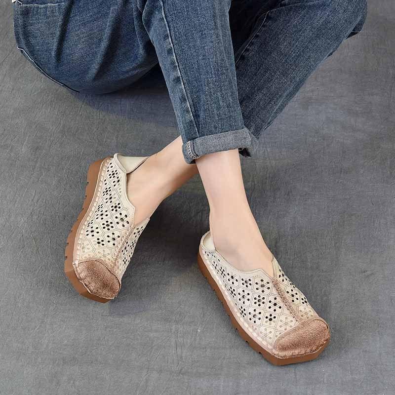 Johnature Hollow-out Breathable Flat Sandals Retro Genuine Leather Soft Soled Women's Slip-on Shoes
