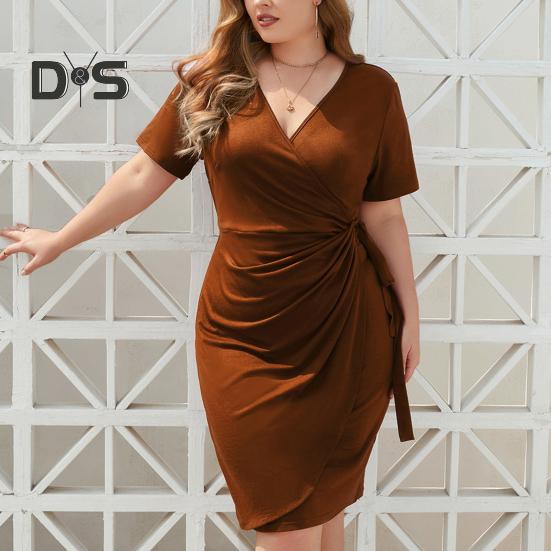 Dámske elegantné šaty s V výstrihom a krátkym rukávom, vysoký pás, bočné šnurovanie, plisované, nadmerná veľkosť, dĺžka po kolená, spoločenské šaty, Streetwear