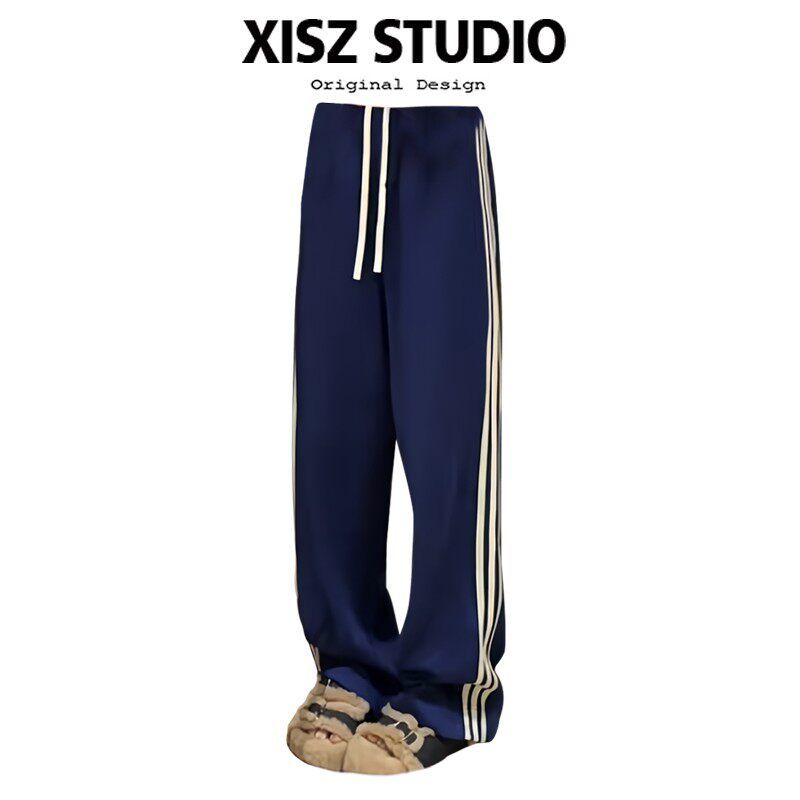 

American Style Sexy Side Stripes Drawstring Elastic-Waist Straight-Leg Pants Picture Color Trousers [High Quality] S