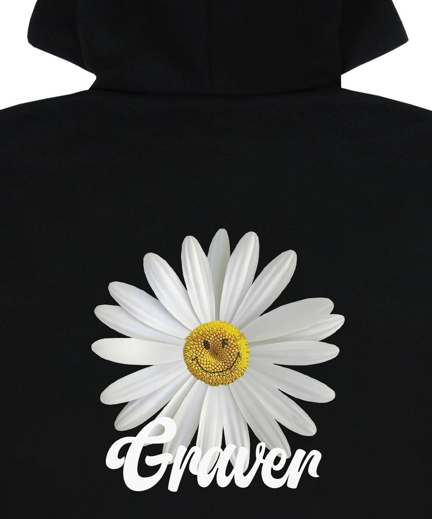 [Unisex] White Daisy Flower Smile Hoodie_Black