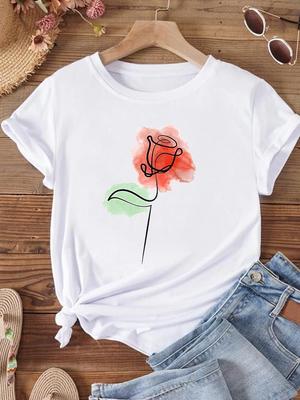 (Asiatische Größe) Damen T-Shirt mit Blumen-Motiv, Aquarell-Motiv, kurzärmelig, Top, Kleidung, Modedruck, Damen, lässig, grafische T-Shirts
