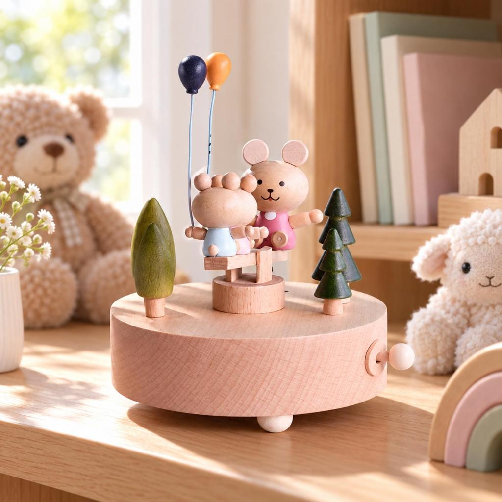 Beech Wood Mechanical Music Box Collectible Hand-Wind with Wooden Base