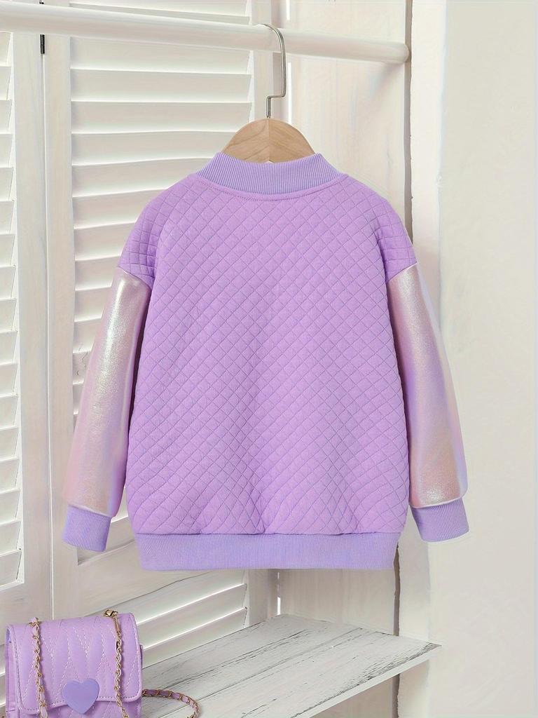 Girls' purple smiley face quilted baseball jacket, diamond stitching zip-up style, iridescent long sleeves with decorative fake pockets