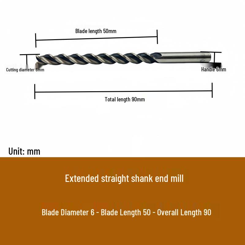 High-Speed Steel Extended Straight Shank Three-Flute End Mill, 2.5-10mm, White Steel