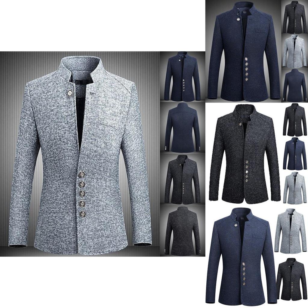 Elegant Mens Single Breasted Stand Collar Jacket Chinese Tunic Suit Business Blazer