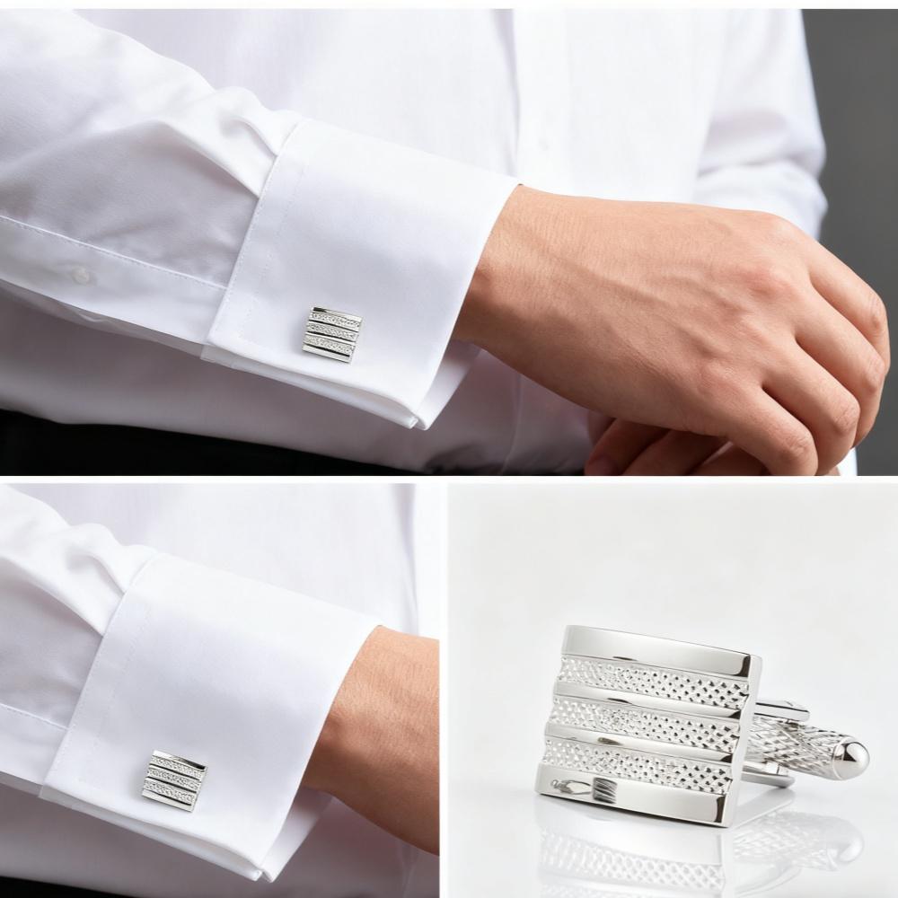 Men's Cufflink Set, Rectangular Silver Embossed Metal Design, Paired with Gift Box.
