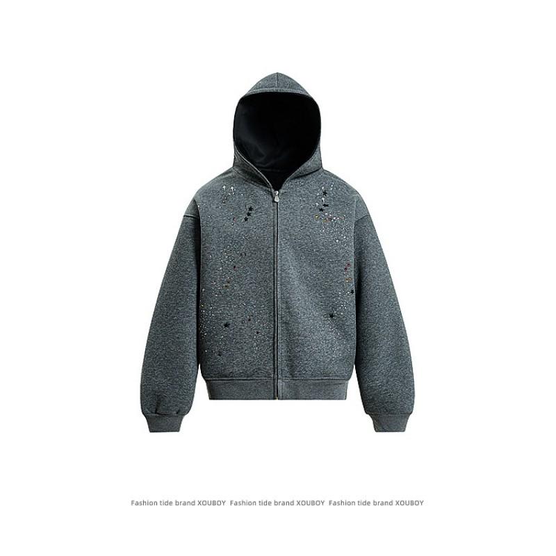 Unisex Oversized Hooded Zip-Up Sweatshirt With Rhinestone Embellishment Cotton Blend Casual Wear