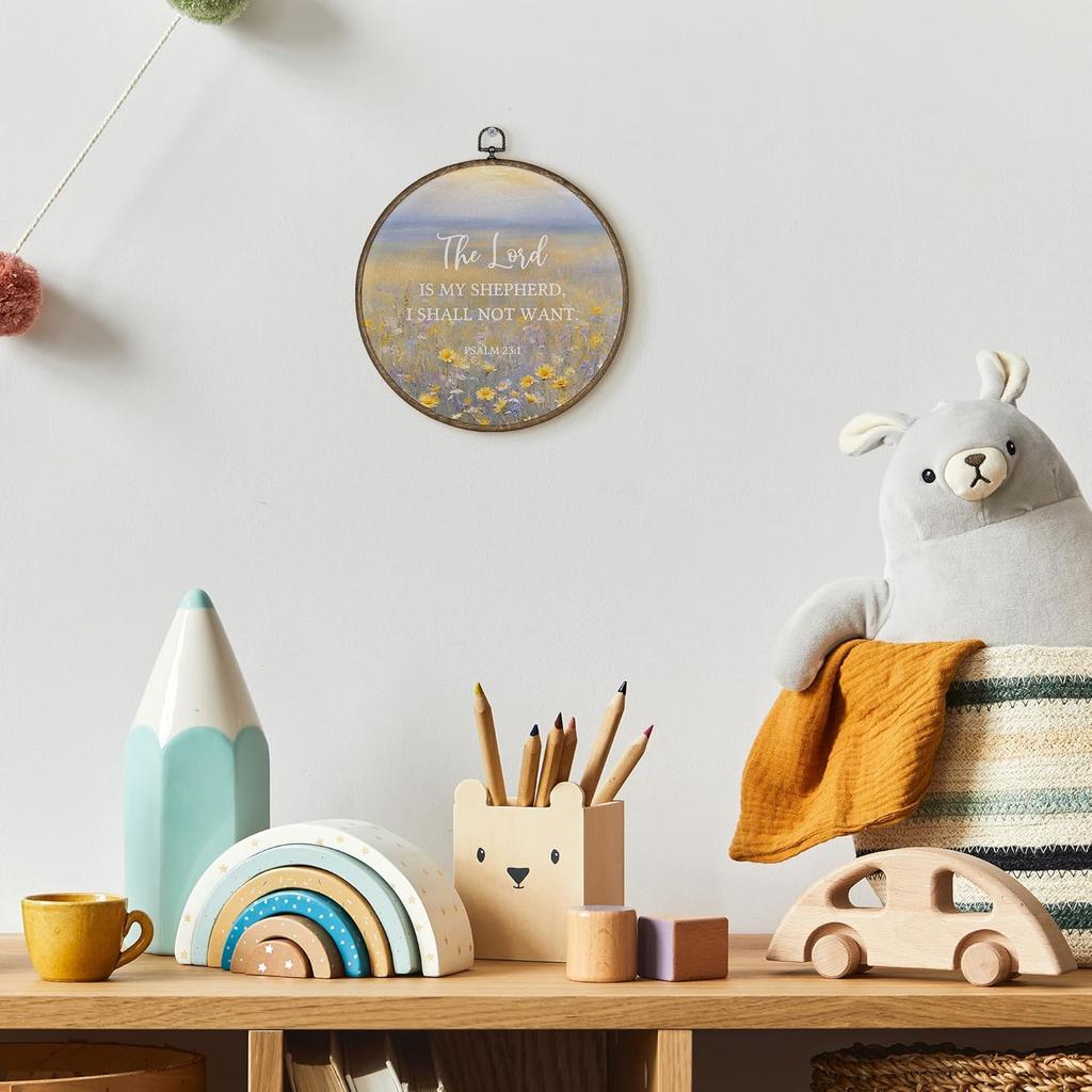 TLESKE Wildflower Christian Scripture the Lord Is My Shepherd Round Wall Art Decor 10x10, Floral Bible Verse Psalm Framed Canvas Wall Art Prints