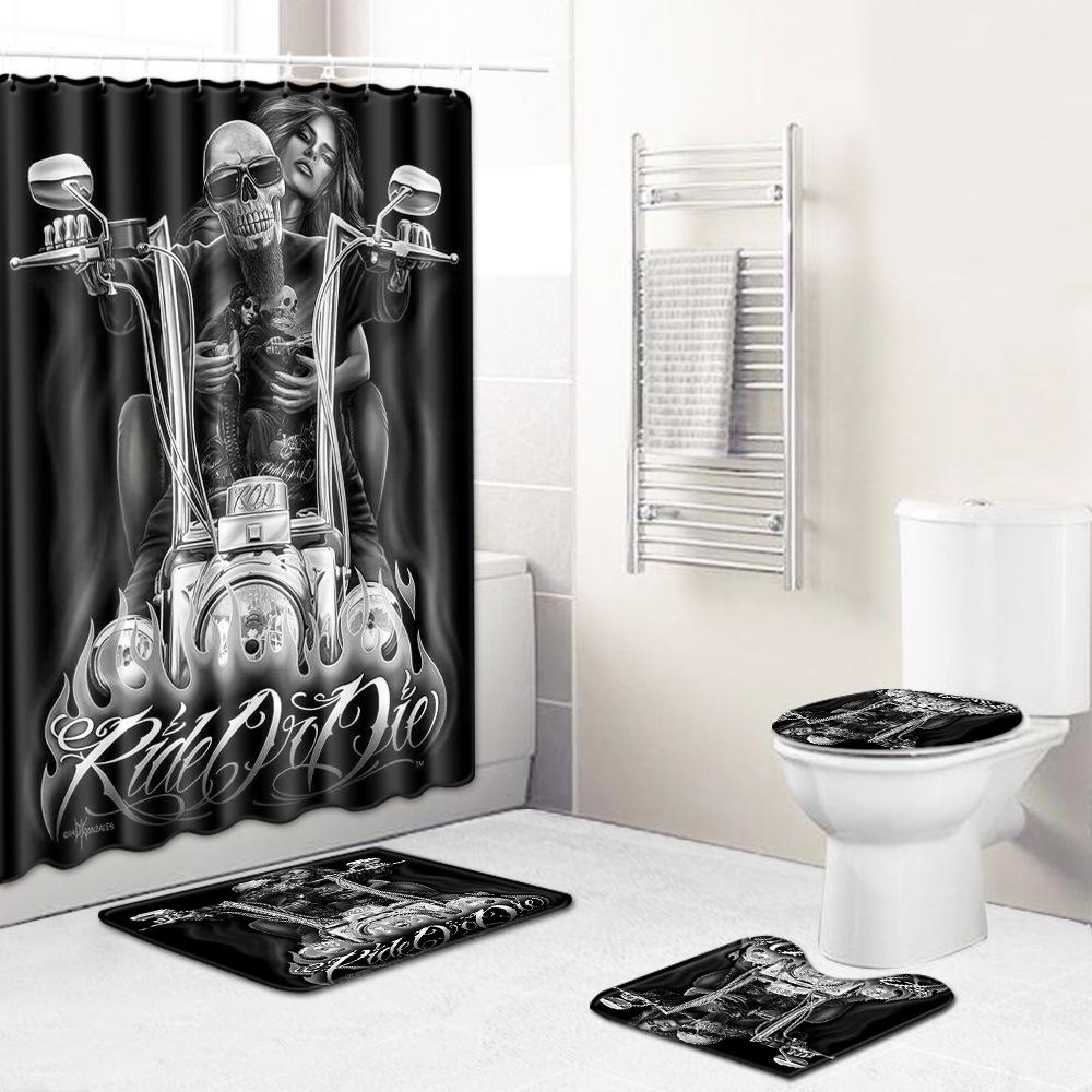 Thriller Skull Print Bathroom Non-Slip Floor Mat Shower Curtain Combination Carpet European And American Style