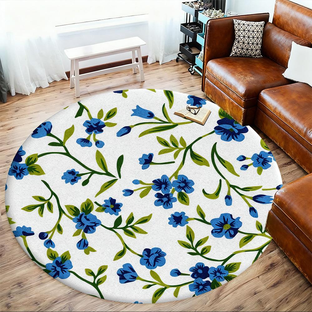 1pc Floral Pattern Blue Flowers Round Chair mat office Area Rug - Non-Slip, Floor Mat for Office, Bedroom, Ideal home decor gift p0105081