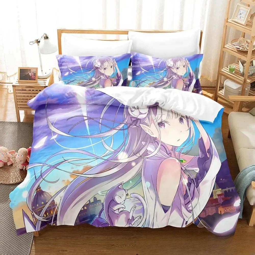 3D Print Anime Re Zero Rem Ram Emilia Bedding Set Duvetcover Bed Set Quilt Cover Pillowcase Comforter King Queen Size Boys Adult
