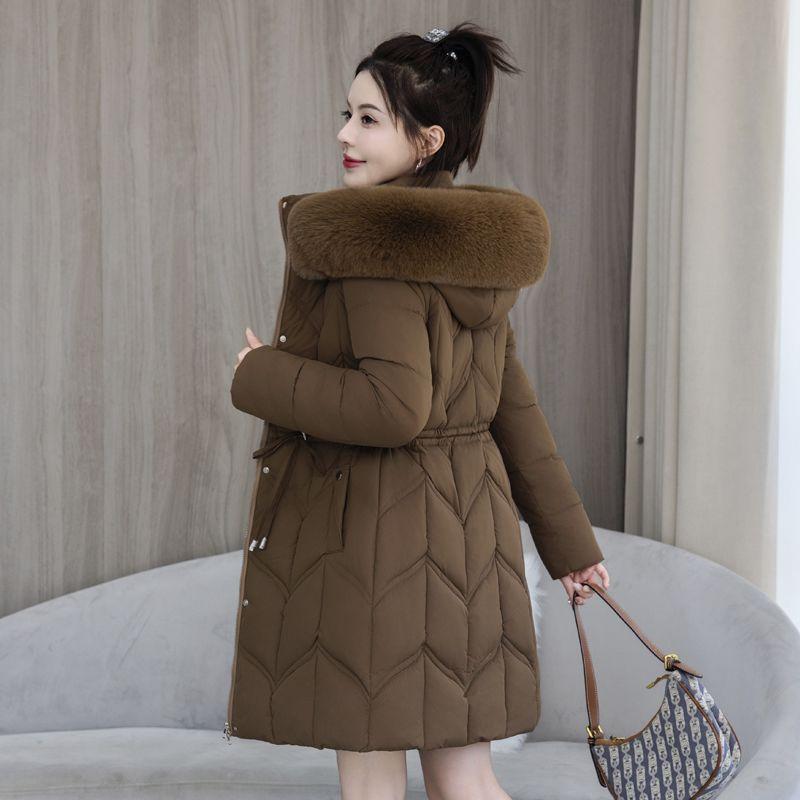 Winter Down Cotton Coat Women's Overcoat Mid-Style Slim Hooded Cotton-Padded Coat Lace-Up Thick Warm Parka