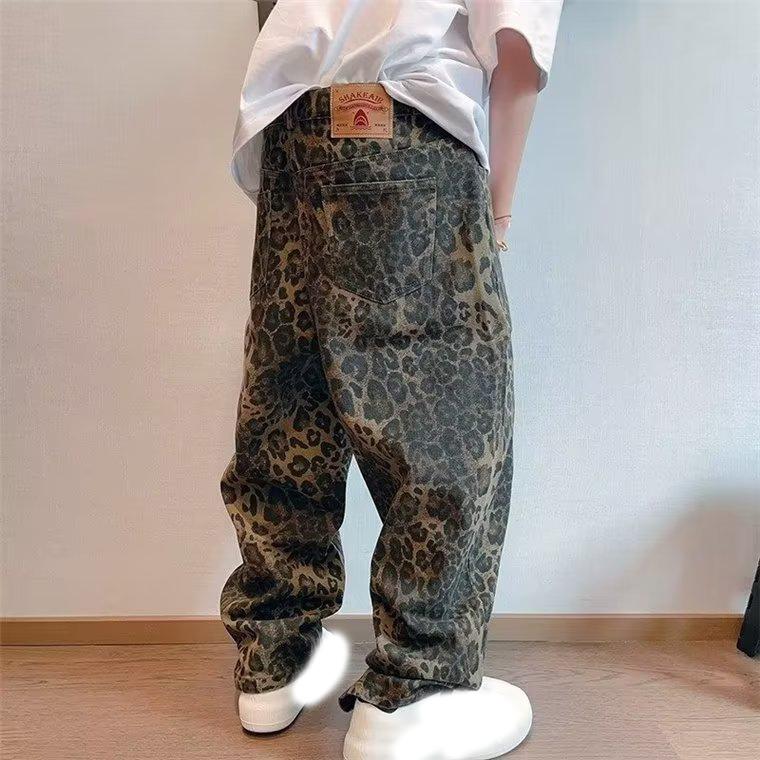 Jeans Leopardo Marrón Otoñal Hombre Pantalones Denim Masculinos Talla Grande Pierna Ancha Streetwear Hip Hop Vintage Holgados Casual Estampado Animal