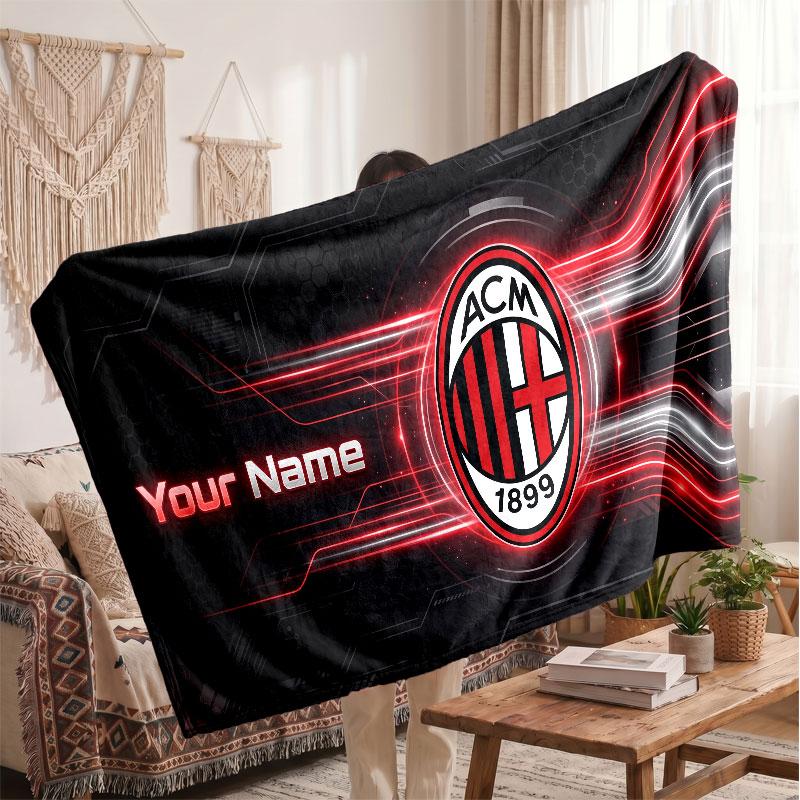 Coperta in Pile Personalizzata AC Milan con Logo Calcio, Testo Nome Personalizzato Morbida Calda Coperta da Divano per la Casa