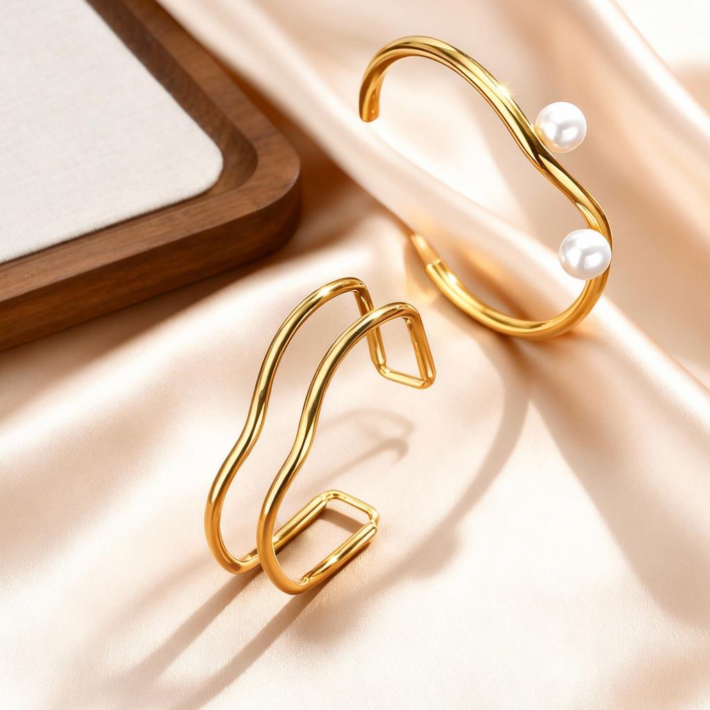 Chic Stainless Steel Double Layer Hollow Cuff Bracelet, Gold Plated Irregular Open Bangle, Waterproof Unique Minimalist Jewelry