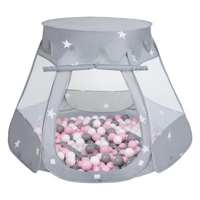 Selonis Play Tent 105x90cm/200 Balls Castle House Pop Up Ballpit Plastic Balls for Kids, Grey:white/grey/powder Pink