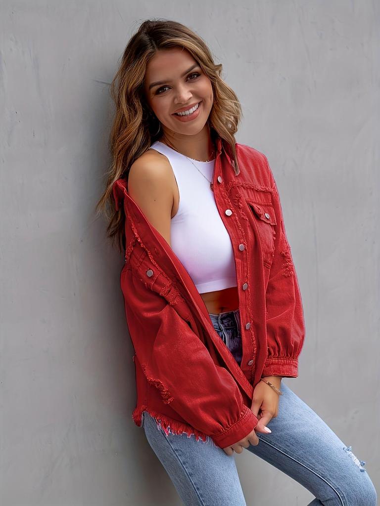 2025 Europäischer Stil Ausgefranste Jeansjacke - Damen Herbst/Winter Lässig Langarm Revers Oberteil