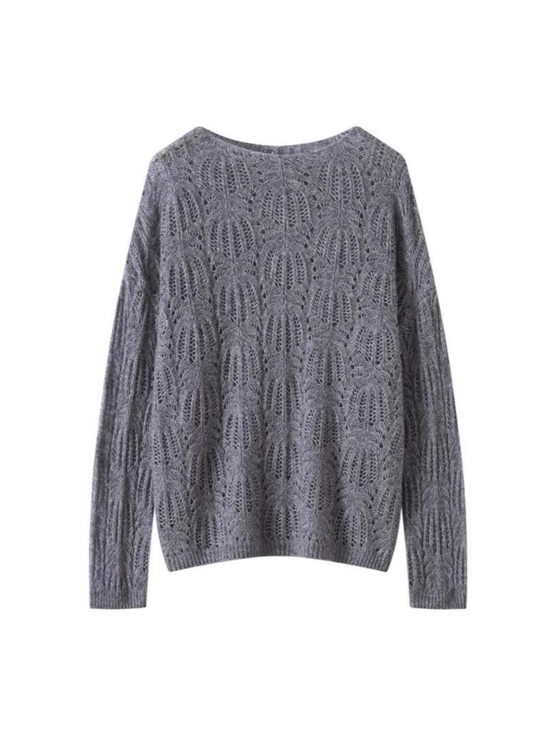 Korean Style Women's Cashmere Lyocell Round Neck Hollow Knit Sweater