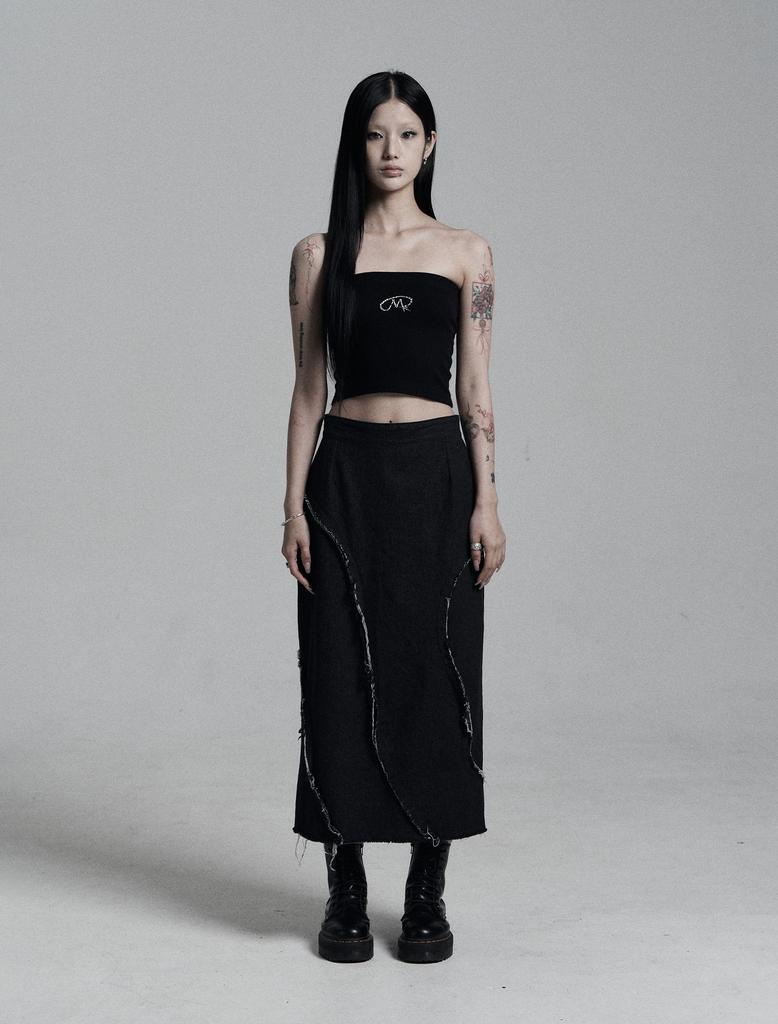 Miteula Wave Damage Denim Long Skirt _ Black