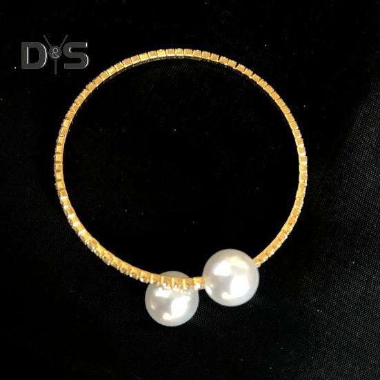 2Pcs/Set Women Elegant Jewelry Set Shiny Rhinestones Faux Pearls Adjustable Open Collar Necklace Bangle Set