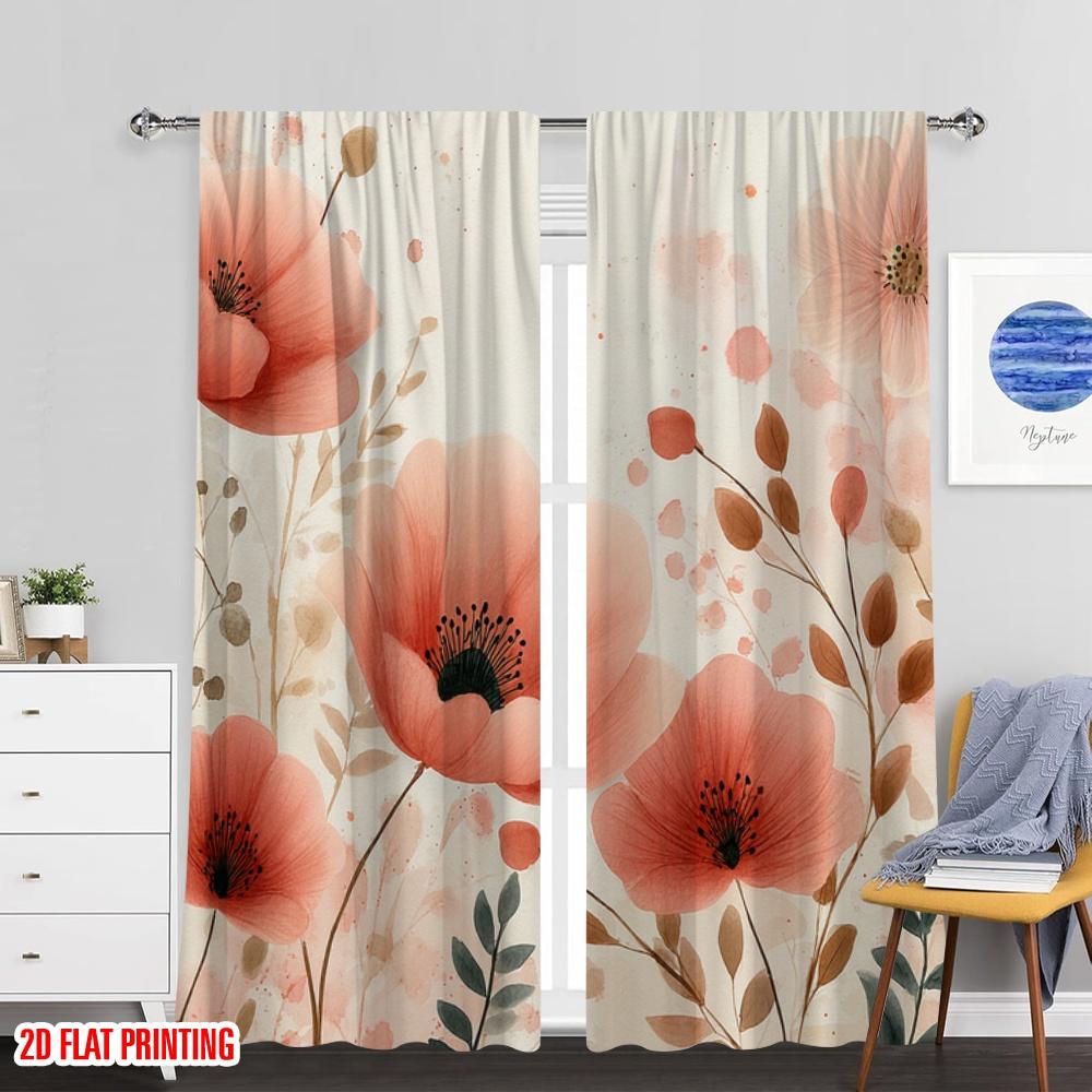 Flat Printing Party Window Curtains Coral Flowers Watercolor Floral Polyester Without Electricity Festive Wall Curtain Set Of 2 Made Washable
