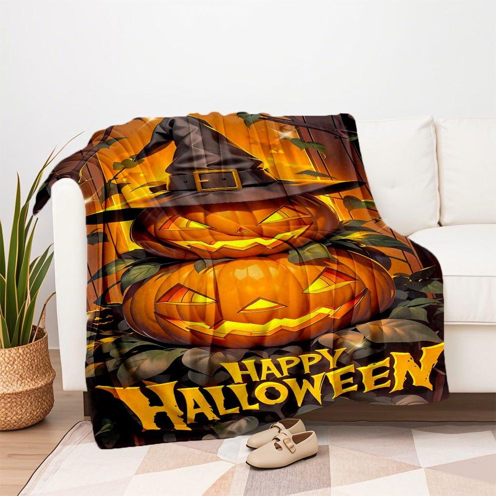 Halloween Jack-o'-lanterns with Witch Hats DecorationsBlanket Flannel Throw Blanket for Sofa, Bed, Travel, Camping, Office