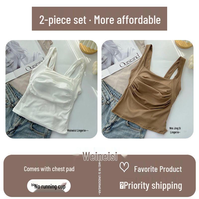 Korean Ruffled Spaghetti Strap Women's Tank with Chest Pads - Sexy Backless Slimming Base Layer