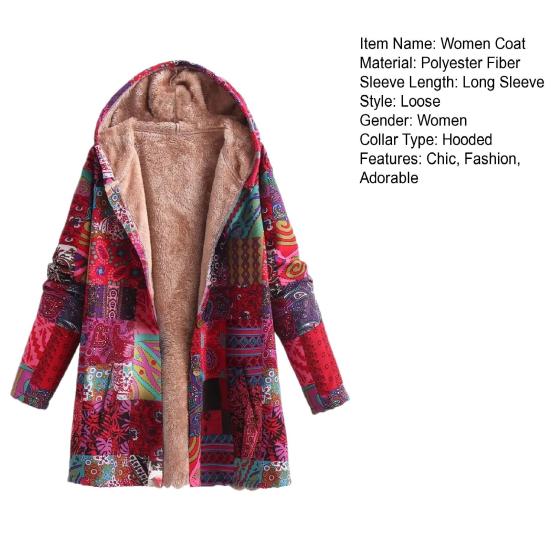 Manteau Vintage Style Ethnique Doublé Sherpa pour Femmes Manches Longues Imprimé Floral Veste Polaire Automne Hiver Fermeture Éclair Capuche Vêtement d'Extérieur