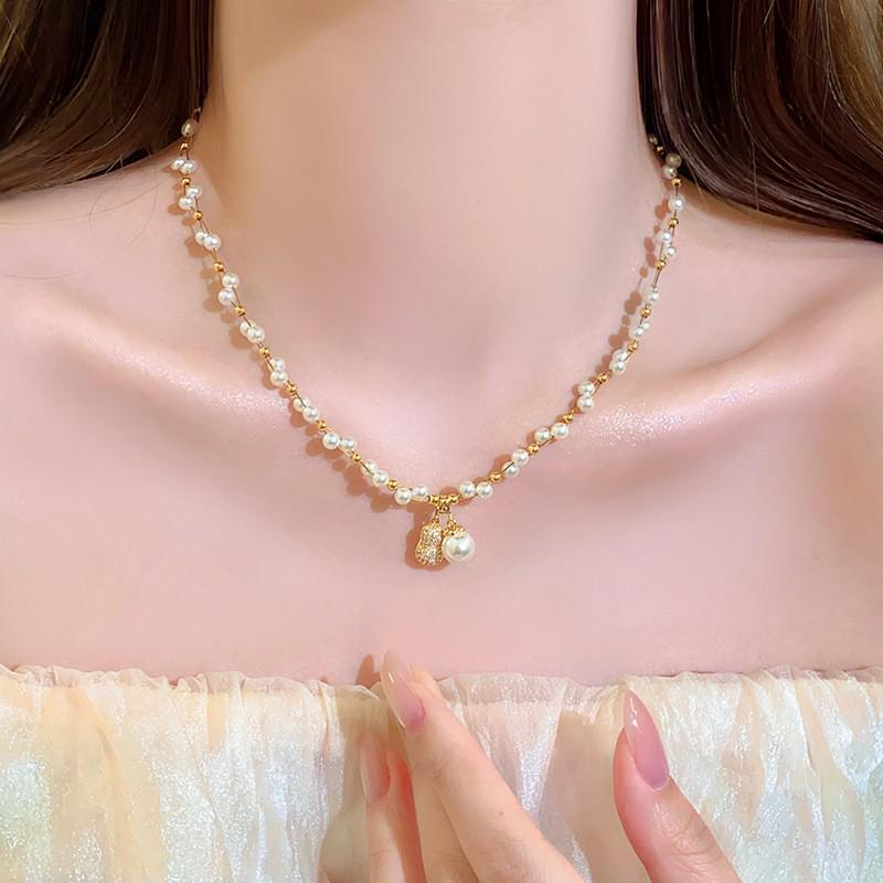 French Gold Diamond Pearl Necklace - Elegant Niche Design, High-End and Versatile Clavicle Chain