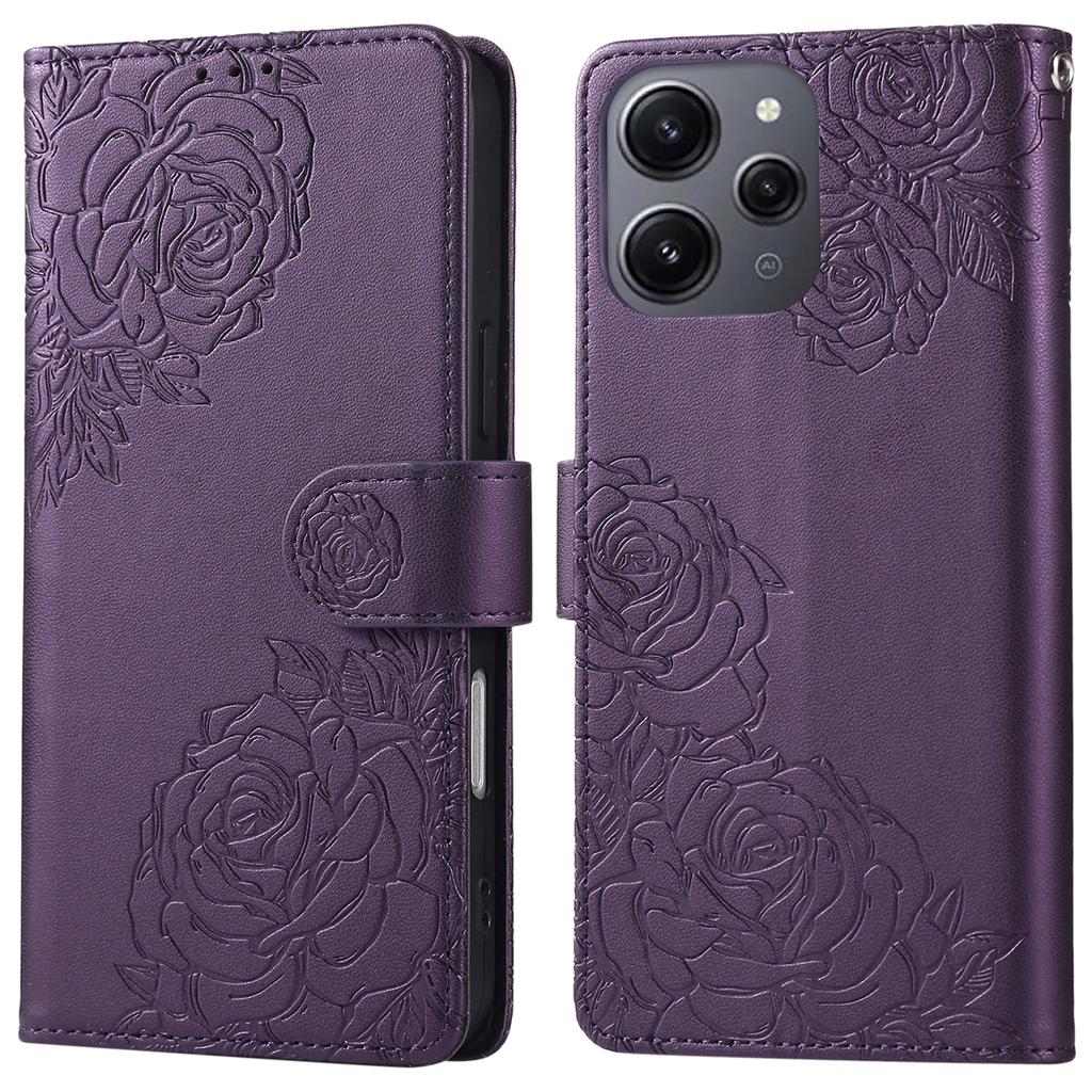 For Xiaomi Redmi 12 4G/5G (Global)/Note 12R 5G Deksel Roseblomst PU Lær Lommebok Telefondeksel med 3 Kortspor