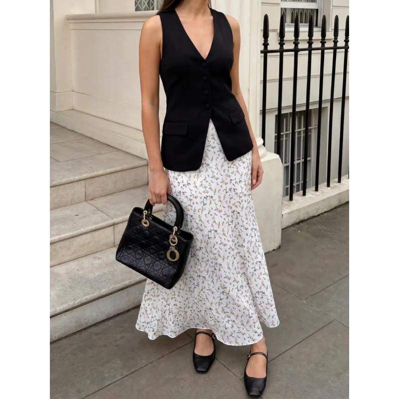 Damen Midi-Rock mit Print, Elastischer High-Waist Fließender A-Linien-Rock