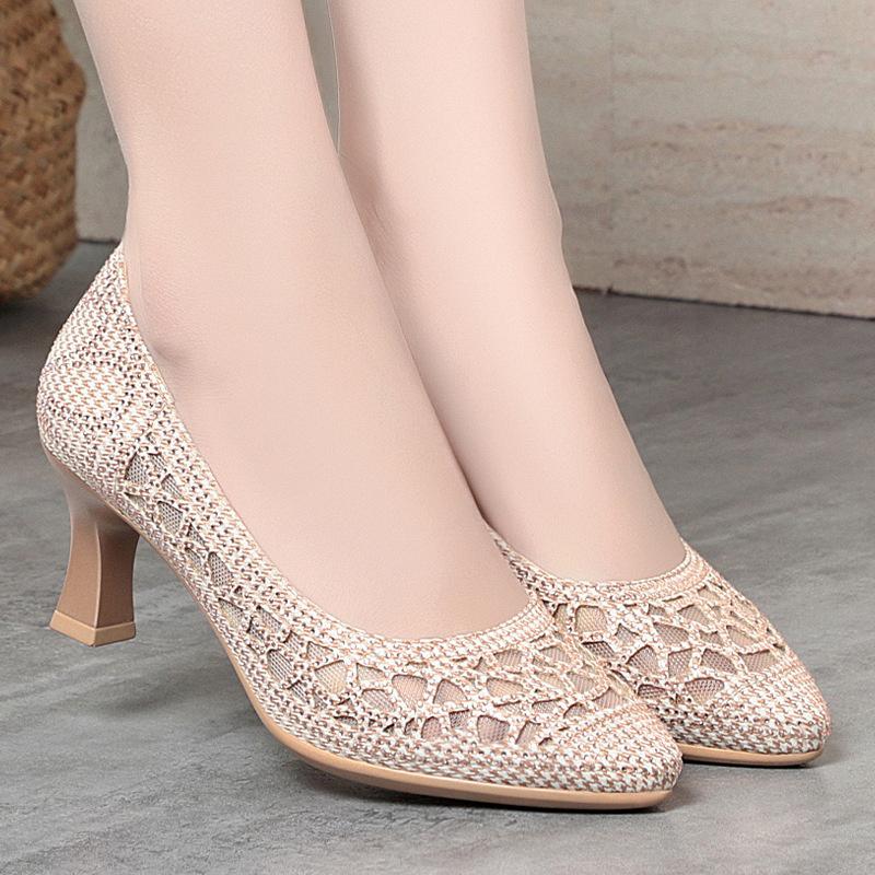 Fashion Summer Single Shoes Mesh Breathable Versatile High Heels Women's Shoes Middle-Aged Temperament Pointed Toe Shallow Mouth Shoes