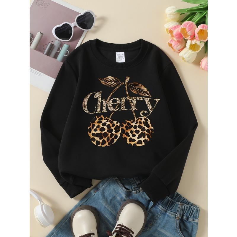European Sizes Girls' Long-Sleeve Round Neck Sweatshirt "Leopard Print Cherry" Print, Spring/Autumn, Casual, Daily & Sports.