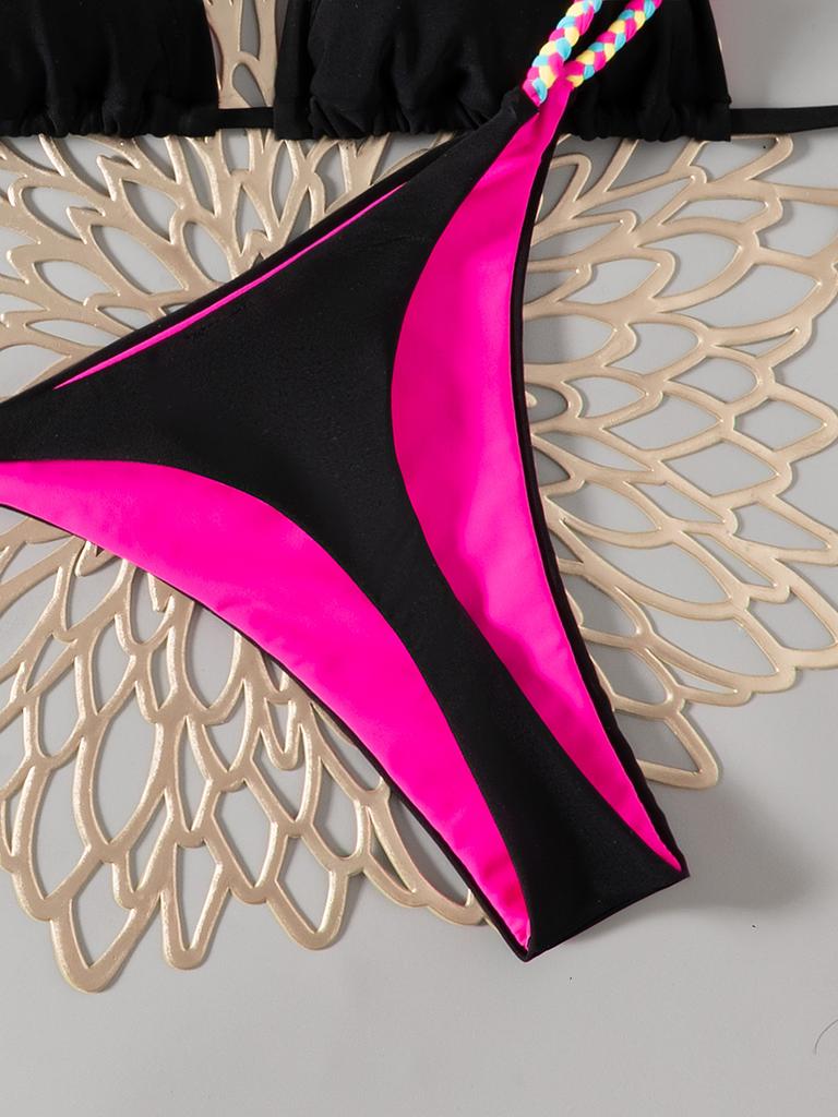 Kontrastní barva ramínka Jednobarevné tanga Sexy bikiny Dvoudílné plavky pro ženy