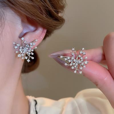 Silver Needle French Irregular Zircon Pearl Fireworks Niche High-end Earrings for Girls  Gifts.