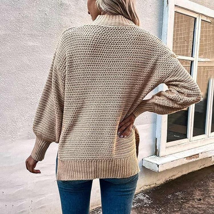 Women Warm Knitted Sweater Round Neck Pullover Jumpers Long Sleeve High Collar Knit Sweaters Tops Outerwear