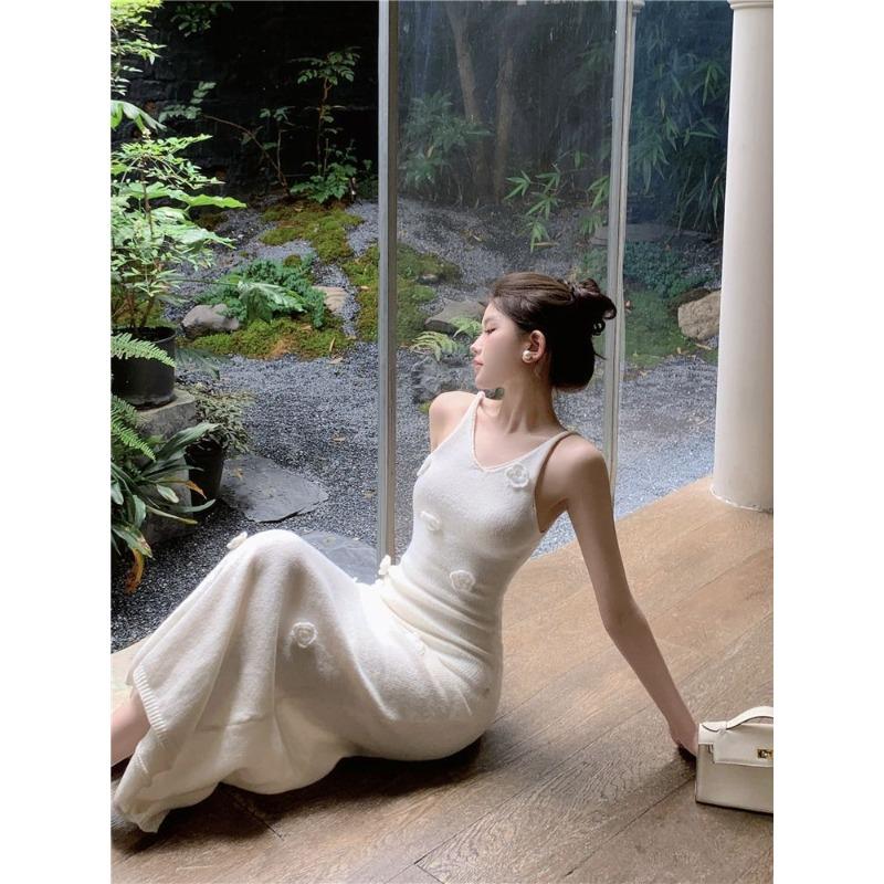 Sexy Fan White Knitted Long Dress Skinny Slim Fairy Suspender Skirt Summer Three-dimensional Flower Dress
